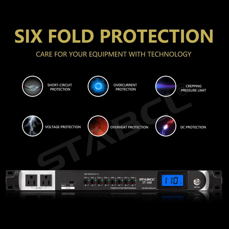 STABCL Professional 10 Socket Power Conditioner/Surge Sequencer with USB and Type-C Charger.3300W Rack Mount Audio Power Supply Controller, Surge Protector, for Audio product, electronic equipment - Image 2